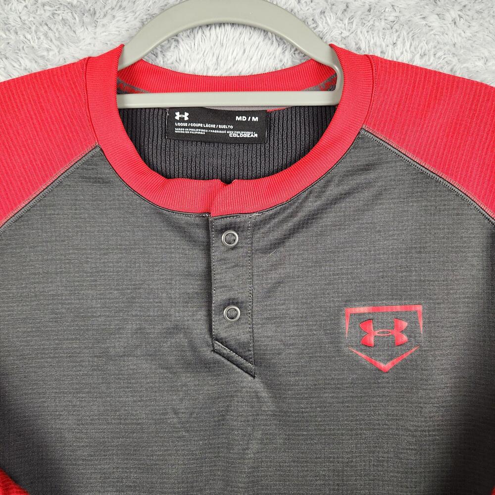 Under Armour Pullover Mens Medium Gray Red ColdGear Baseball Training Henley